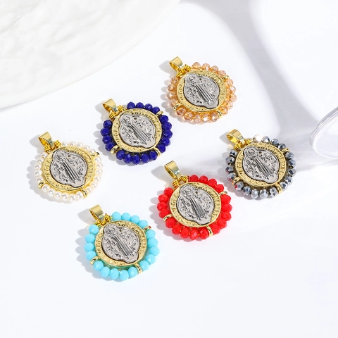 Religieuze Sint Benedictus Medaille Ketting Koper Verguld Rond Kristallen Kralen Vintage Sieraden Voor Dames