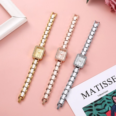 Elegante Orologio Al Quarzo Rettangolare Da Donna Con Lunetta In Strass E Cinturino In Lega E Ceramica