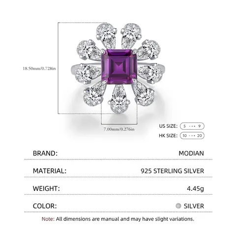 Sparkling Flower Ring 925 Sterling Silver Square Purple Zirconia Pear Shape Clear Stones Elegant Jewelry For Women