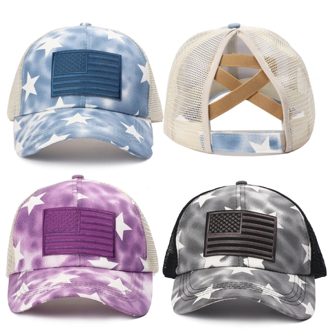 Casquette De Baseball Queue De Cheval Femme Drapeau Étoile Tie Dye Mesh Trucker Réglable Sportive Respirante