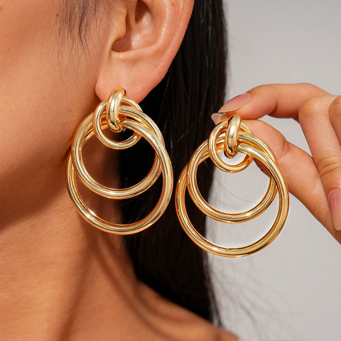 Geometric Triple Nested Hoop Earrings Metallic Hollow Round Minimalist Style For Women With Steel Earring Post