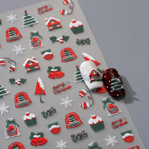 Nagelaufkleber 5D Geprägt Weihnachten Festlich Schneeflocke Baum Muster Rot Grün Gold Selbstklebend