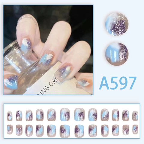 Uñas Postizas Cortas Cuadradas Degradado Mármol Azul Cielo Blanco Purpurina Morada Uñas Artificiales Extraíbles
