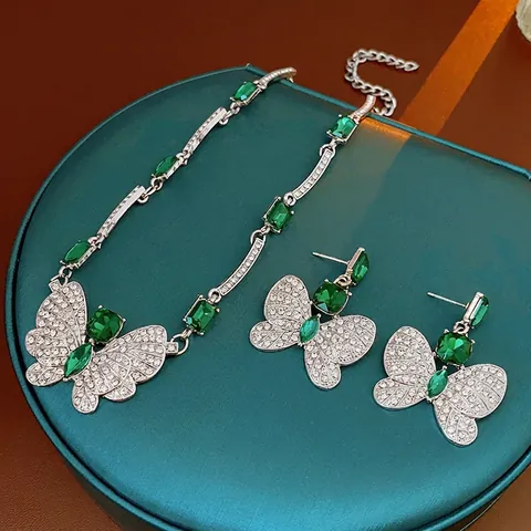 Collana E Orecchini A Farfalla Per Donna Pietre Verdi Lega Strass Con Perno Per Orecchini In Argento Elegante