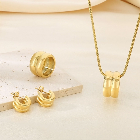 Edelstahl Halskette Ohrringe Und Ring Schmuck Mit Doppeltem Rundem Anhänger Schlangenknochenkette Minimalistische Mode Für Frauen