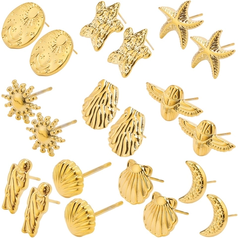 Sun Moon Star Starfish Shell Scarab Virgin Mary Stud Earrings 304 Stainless Steel Gold Silver Rainbow Color Jewelry Women