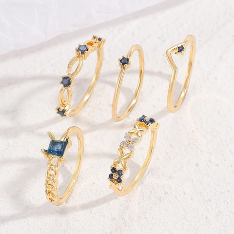 Kupfer Ring Set Mit Blauen Und Weißen Strasssteinen Geometrisches Design Eleganter Schmuck Für Damen