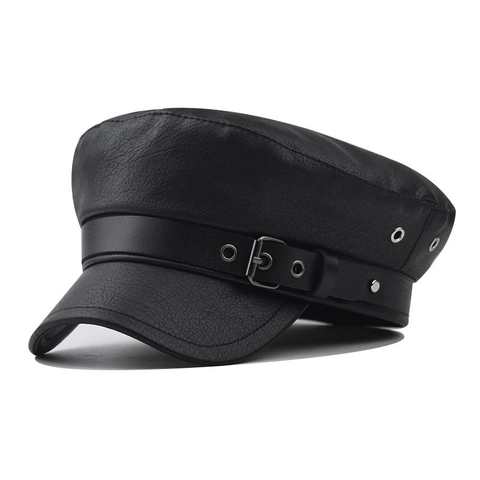 Vintage PU-Leder Militärmütze Flache Marinekappe Mit Metallschnalle Und Ösen Für Damen Retro Baker Boy Schirmmütze