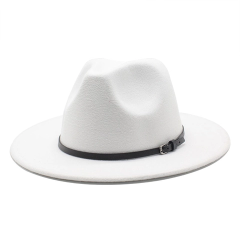 Fedora Hat Woolen Felt Vintage Wide Brim Jazz Cap With Black Leather Belt Buckle For Men Women British Style Solid Color
