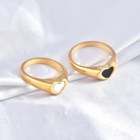 Anillo de Corazón para Mujer en Acero Inoxidable Chapado en Oro de 18 quilates Anillo de Dedo de Esmalte Blanco Negro Joyería de Moda
