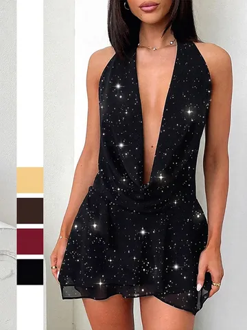 Robe Courte Dos Nu Col En V Profond Paillettes Ourlet À Volants Élégant Sexy Tenue De Soirée Pour Femmes