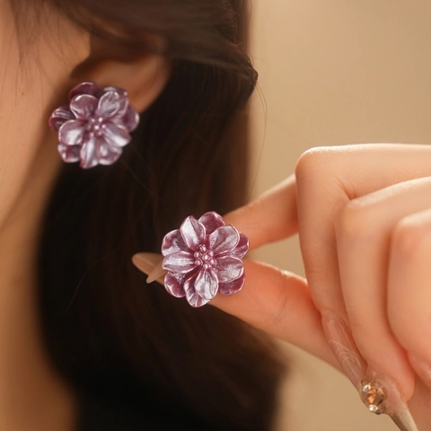 Vintage Dubbellaagse Bloem Oorknopjes Met Zilveren Oorsteker Chique Hars Florale Sieraden Voor Dames Bourgondië Rood