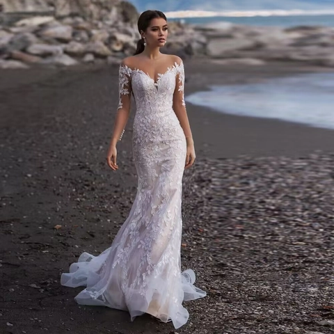 Off Shoulder Spitze Hochzeitskleid Langarm Meerjungfrau Brautkleid Florale Stickerei Weiß Tüll Kleine Schleppe