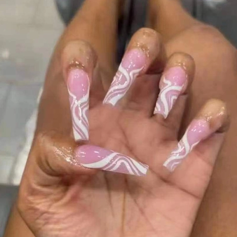 Uñas Postizas Largas Tipo Ataúd Diseño Ondas Rosa Y Blanco Resina Brillante Para Mujeres Manicura DIY