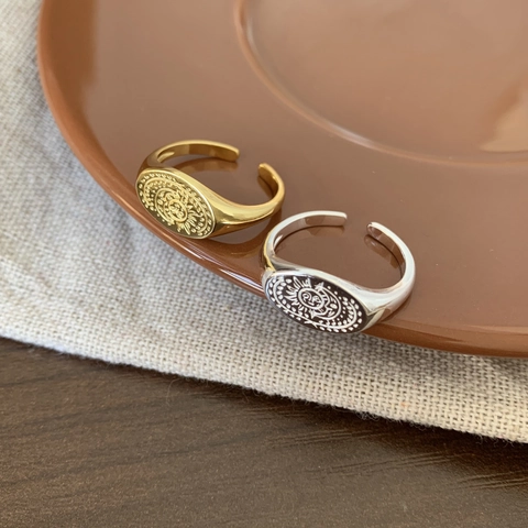 Bague Chevalière Rétro En Argent Sterling 925 Pour Femmes Ajustable Ouverte Oval Soleil Lune Totem Bijoux