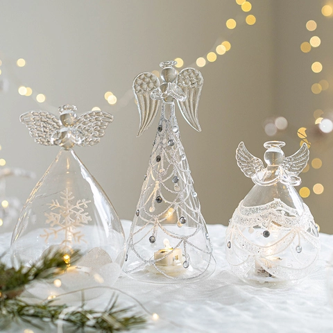 LED Lighted Glass Angel Christmas Ornaments Desktop Hanging Decoration Nordic Style Warm Light Clear Glass Figurines
