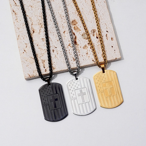 Collar Con Colgante De Cruz De Bandera De EE UU De Acero Inoxidable Placa Militar Versículo Bíblico Joshua 1 9 Joyas Para Hombre