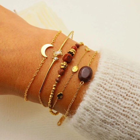 Bracciale Placcato Oro in Acciaio Inossidabile Vintage per Donna Pendente a Luna in Pietra Naturale Accessorio di Moda Geometrico Sovrapponibile