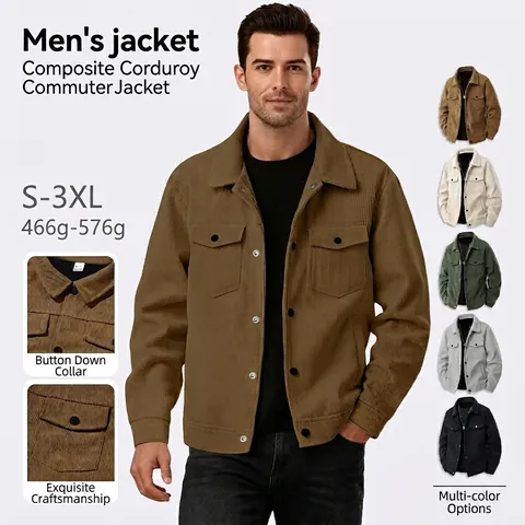 Chaqueta De Pana Para Hombre Poliéster Botonadura Sencilla Solapa Manga Larga Estilo Workwear Con Bolsillos