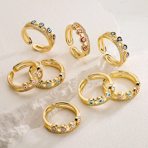 Double Layer Open Ring Gold Plated Copper Colorful Enamel Evil Eye Zirconia Trendy Fashion Jewelry For Women