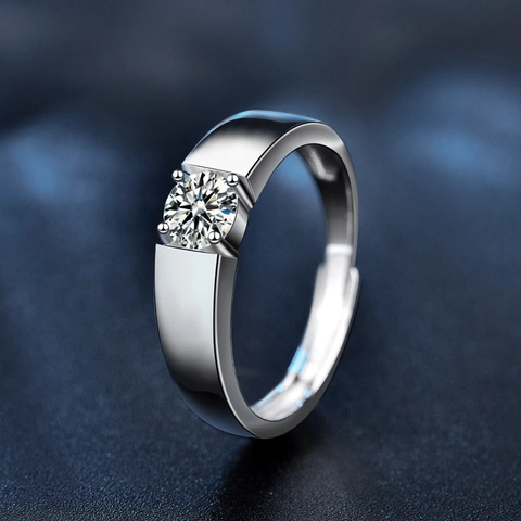 925 Sterling Silver Moissanite Ring For Men Round Brilliant Cut D Color VVS1 GRA Certificate Adjustable Open Band Ring