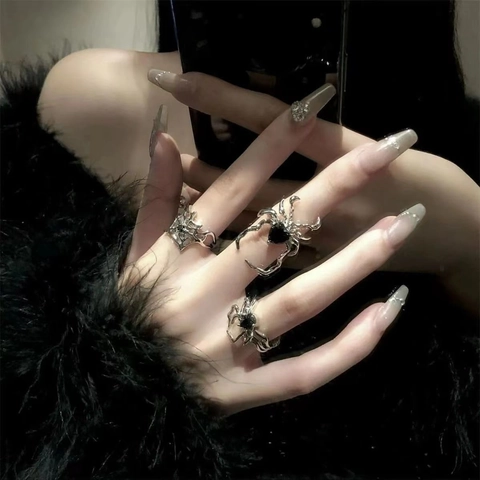 Bague Araignée Toile Araignée Alliage Strass Noir Ajustable Ouverte Retro Punk Y2K Bijoux