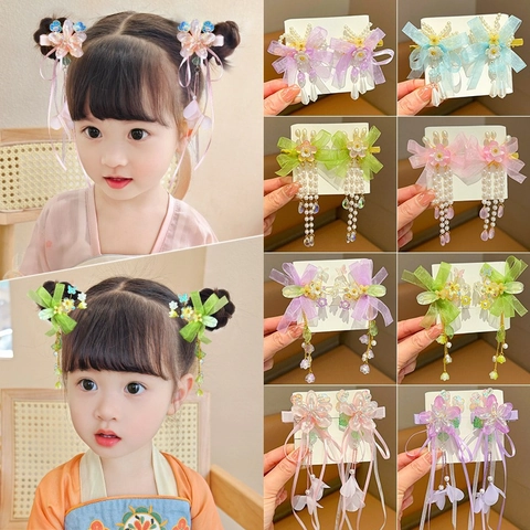 Fermagli Per Capelli Farfalla Fiore Stile Antico Con Lunghe Nappe Nastri Künstliche Perle Sintetiche Accessori Hanfu Per Ragazze