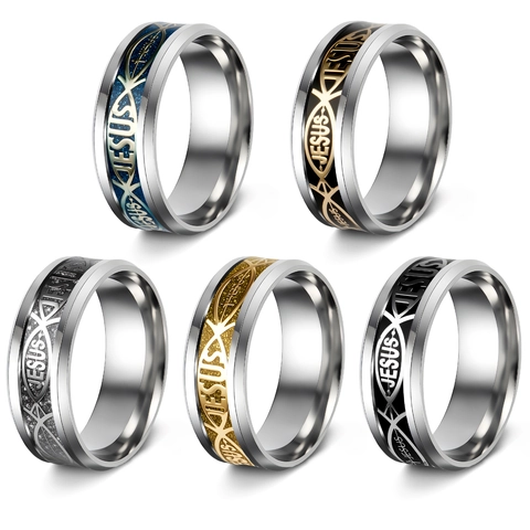 Jesus Engraved Stainless Steel Ring Ichthys Fish Christian Religious Band High Polished Fashion Jewelry For Men Women