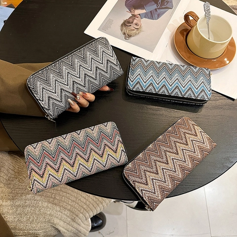 Women Long Zipper Wallet PU Leather Woven Fabric Large Capacity Phone Holder Multi Card Slots Zigzag Chevron Pattern Trend