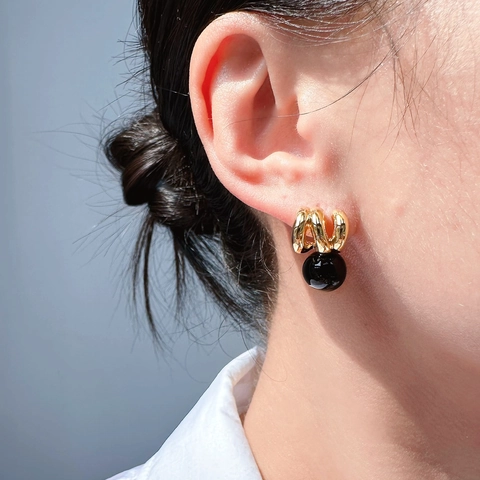 Black Agate Wave Earrings With 925 Sterling Silver Earring Post Brass Gold Plated Retro Geometric Jewelry Women