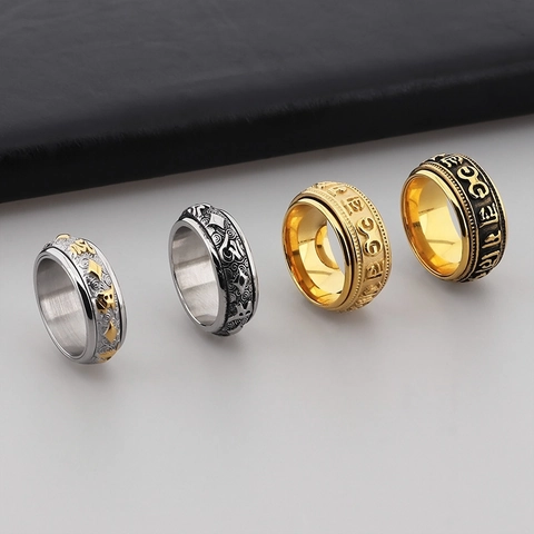 Vintage Spinner Ring Από Ανοξείδωτο Ατσάλι Περιστρεφόμενο Βουδιστικό Μάντρα Σούτρα Καρδιάς Πανκ Δαχτυλίδι Για Άνδρες