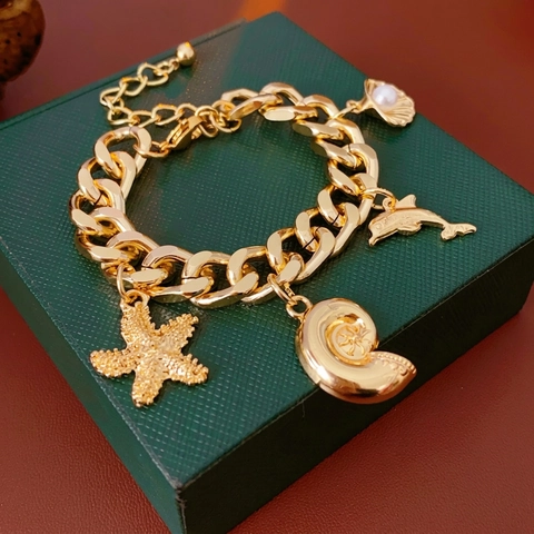 Bracciale Con Ciondoli Oceano Oro Lega Perla Artificial Imitazione Stella Marina Delfino Catena A Maglia Robusta Gioiello Donna