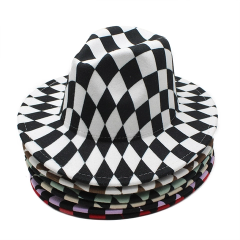 Cappello Fedora Feltro Di Lana Motivo A Scacchi Tesa Larga Retro Streetwear Stile Jazz Per Uomini Donne Unisex