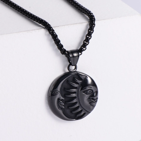 Collar Colgante Sol Luna Acero Inoxidable 316L Relieve Rostro Redondo Retro Punk Gótico Joyería Unisex