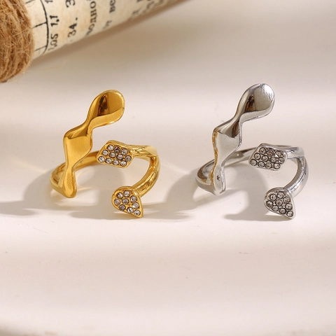 Anillo Ajustable De Acero Inoxidable Chapado En Oro Forma De Onda Geométrica Irregular Joyería De Dedo Con Zirconia Para Mujeres