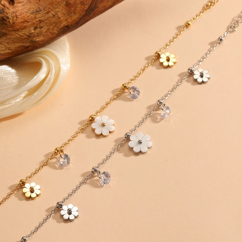 Daisy Flower Bracelet Necklace Jewelry Stainless Steel White Shell Dainty Dangle Chain Zircon Elegant Women Gift
