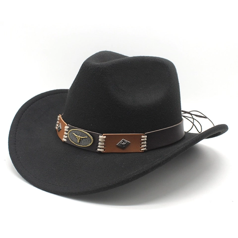 Western Cowboy Hat Wool Felt Wide Brim With Leather Band Metal Bull Head Buckle Retro Ethnic Style Fedora Hat