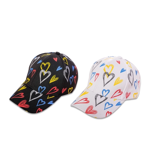 Casquette De Baseball Femmes Polyester Imprimé Coeur Motif Doodle Coloré Réglable Pare-Soleil Bord Large Chapeau Mode