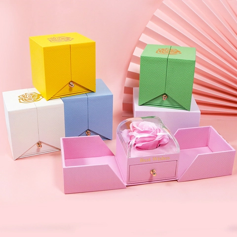 Luxe Romantische Dubbele Deur Sieradendoosje Met Eeuwige Roos Lade Ketting Ring Opslag Voor Huwelijksaanzoek Valentijn Cadeau