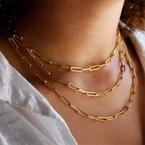 Gold Vergoldete Kupfer Büroklammer Kette Halskette Einfache Geometrische Rechteckige Glieder Minimalistischer Schmuck Für Damen