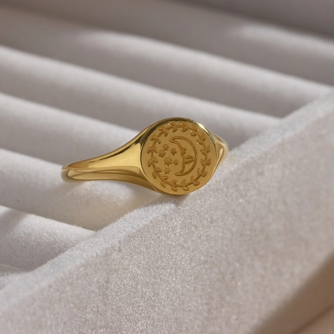 Signet Ring Stainless Steel 18K Gold Plated Vintage Sun Moon Star Celestial Pattern Jewelry For Women