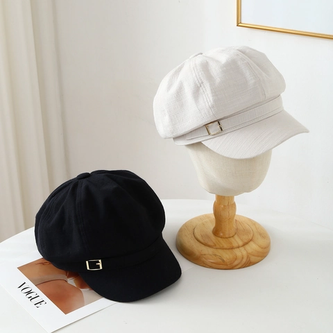 Gorra Newsboy Retro Mujer Algodón Lino Color Sólido Sombrero Octogonal Con Hebilla Metálica Ajustable Moda