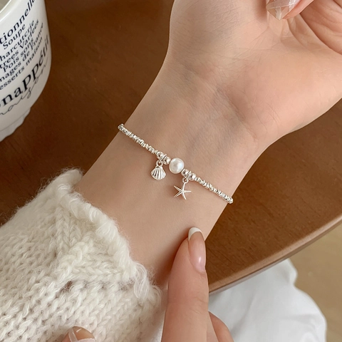 Pulsera Con Colgante De Estrella De Mar Y Concha Tema Océano Con Perla Artificial Y Cuentas De Plata De Ley 925