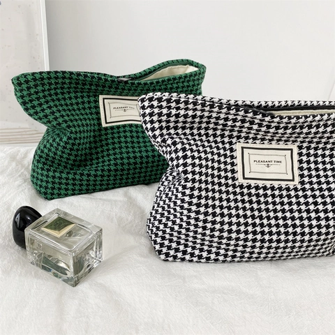Houndstooth Makeup Bag Jacquard Fabric Cosmetic Storage Pouch Travel Toiletries Organizer Retro Handbag For Women