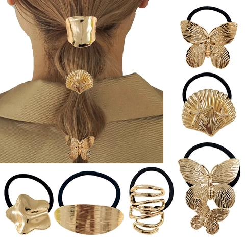 Alloy Metal Elastic Hair Ties Geometric Butterfly Star Heart Shell Decor Ponytail Holders Fashion Accessories For Women