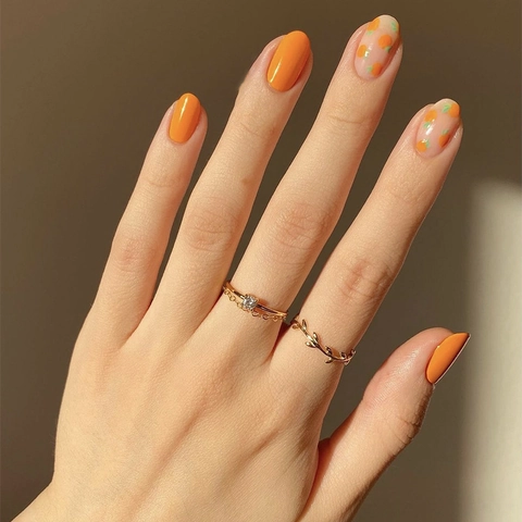 Unghie Finte Estive Arancioni Stampa Frutta Pesca Lucide Unghie Rimovibili Per Donne Decorazione Manicure