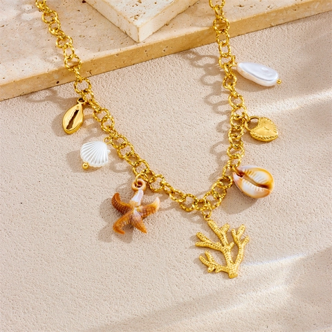 Collar Cadena Eslabones Dijes Estrella De Mar Concha Coral Corazón Candado Acero Inoxidable Chapado Oro Océano Playa Joyería Vintage