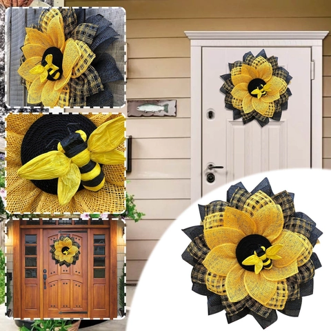Bee Sunflower Wreath Burlap Mesh Handmade Hanging Garland Front Door Wall Decor Festive Home Ornament