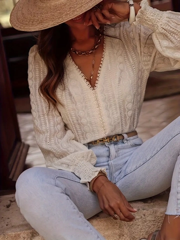 Elegante Spitzen Patchwork Bluse Damen V Ausschnitt Lange Puffärmel Stickerei Hohl Aus Vintage Hemd Top