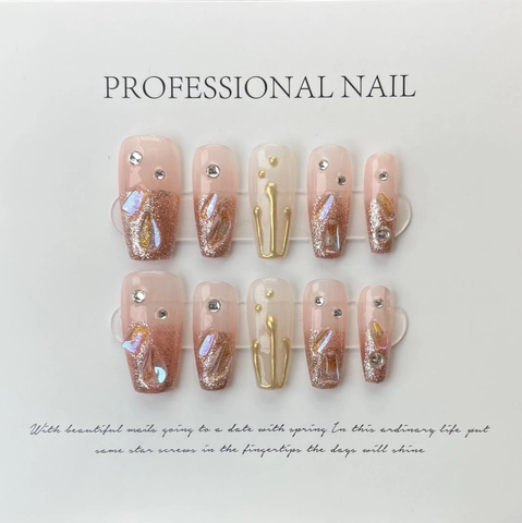 Uñas Postizas Hechas A Mano Forma Ataúd Largo Degradado Rosa Brillo Oro Rosa Diamantes De Imitación Diseño Relieve Dorado 3D